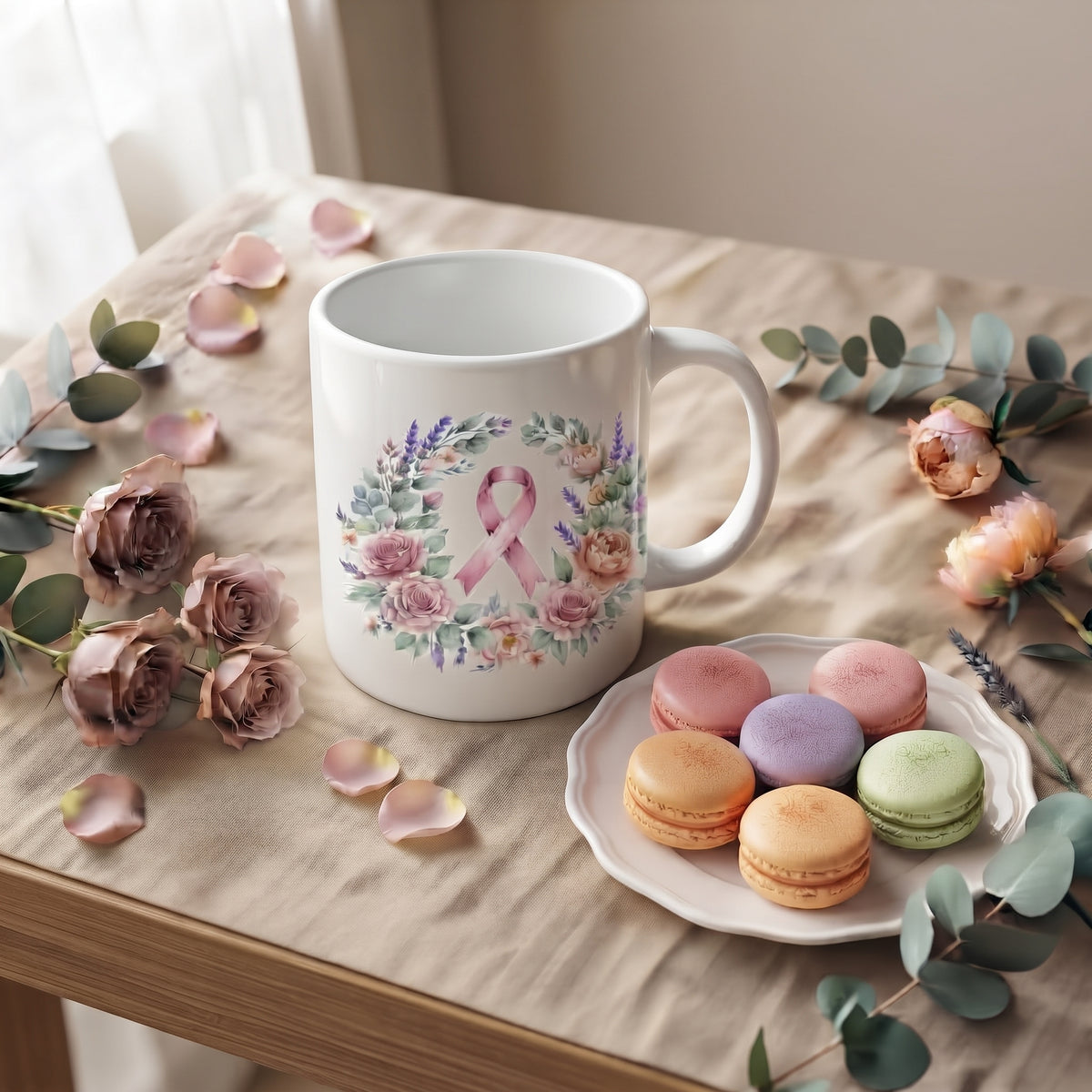 Mug solidaire « Ensemble, avec douceur » - Ruban rose et couronne fleurie