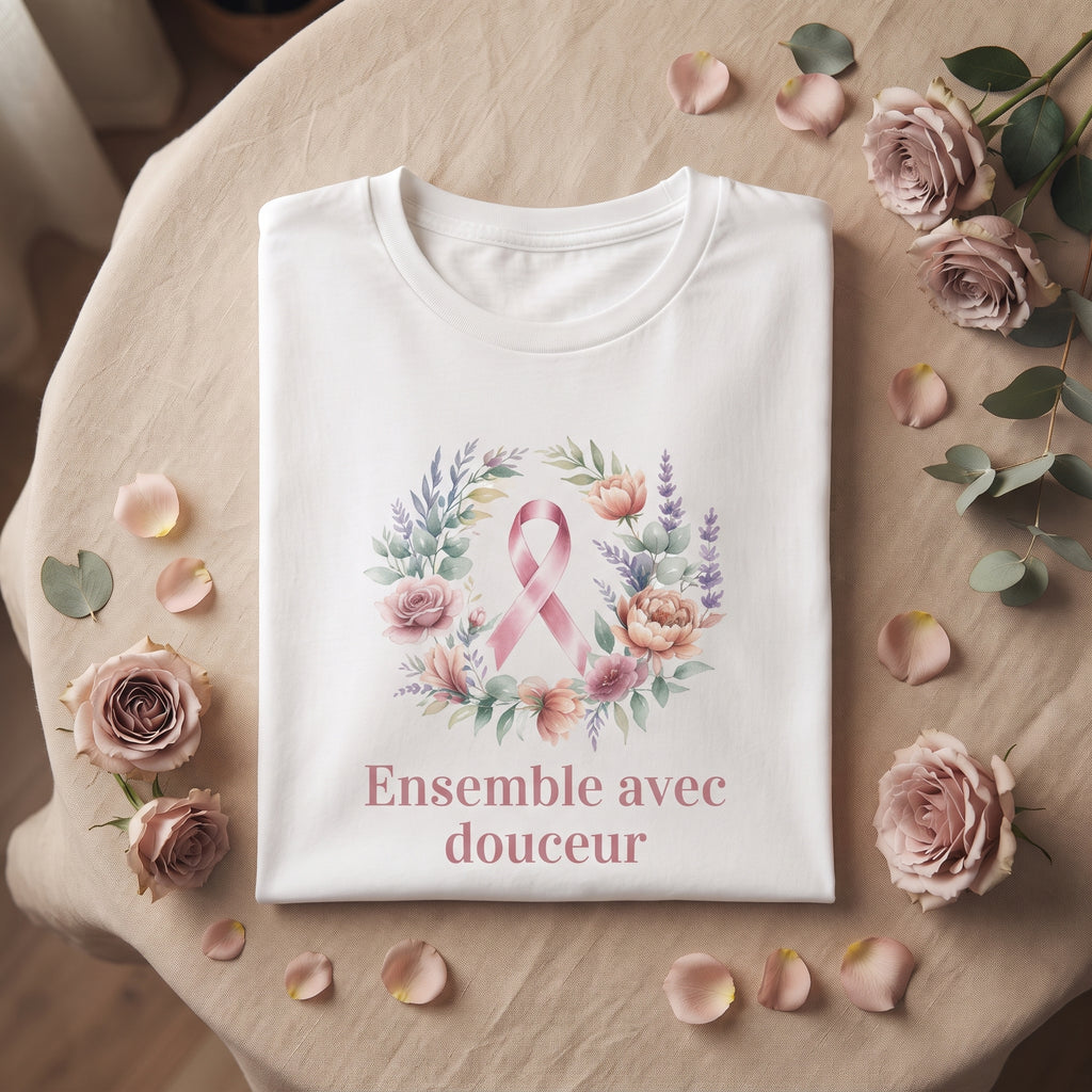 T-shirt solidaire blanc « Ensemble, avec douceur » - Ruban rose et couronne fleurie