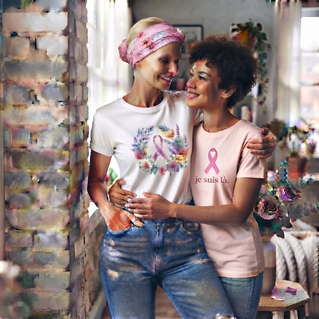 T-shirt solidaire blanc « Ensemble, avec douceur » - Ruban rose et couronne fleurie