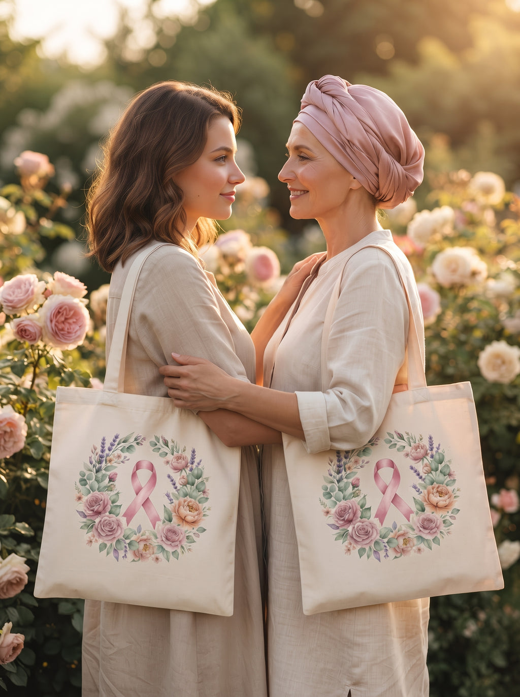 Tote bag solidaire « Ensemble, avec douceur » - Ruban rose et couronne fleurie