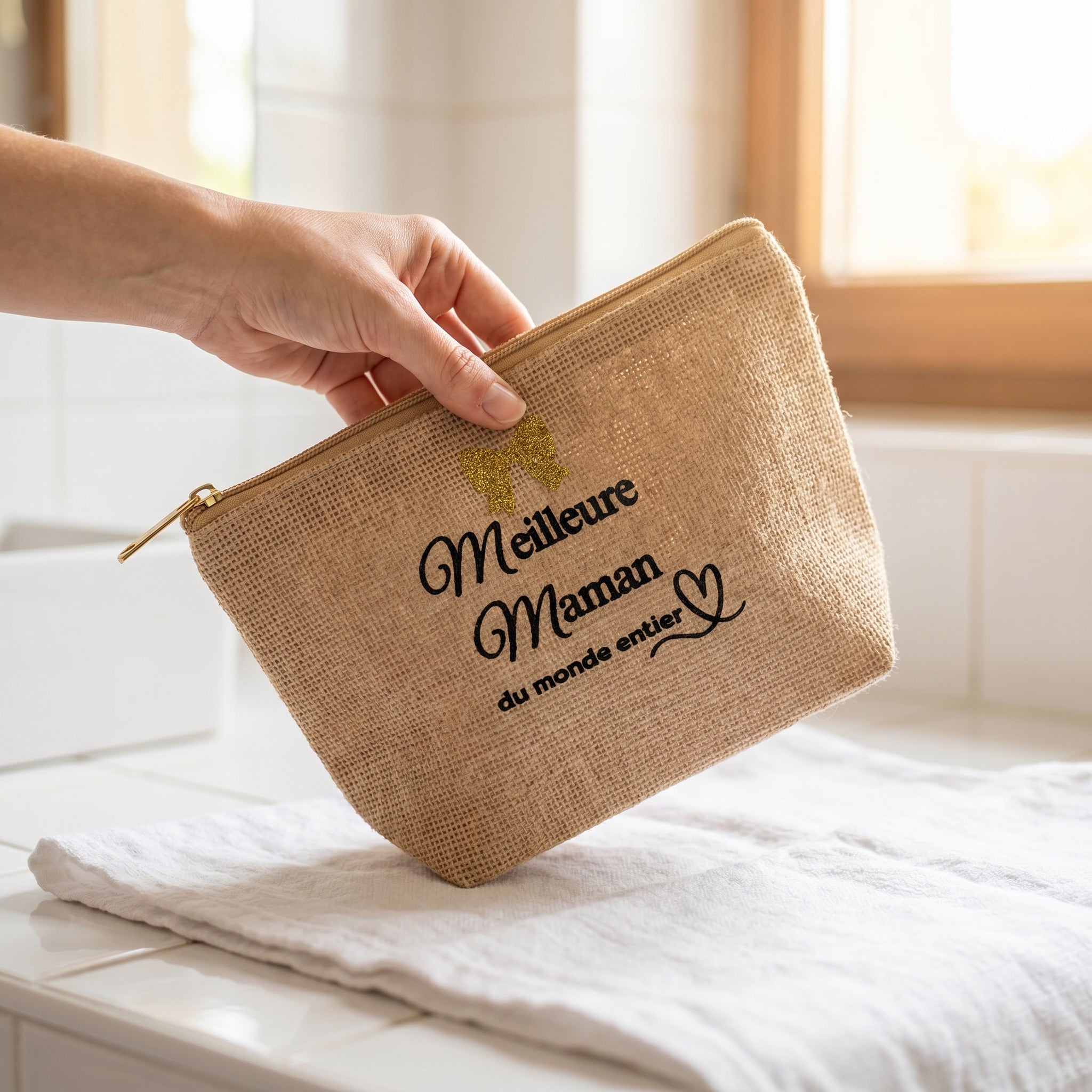 Trousse de Toilette en Jute Personnalisable – Cadeau EVJF, Fête des Mères, Anniversaire