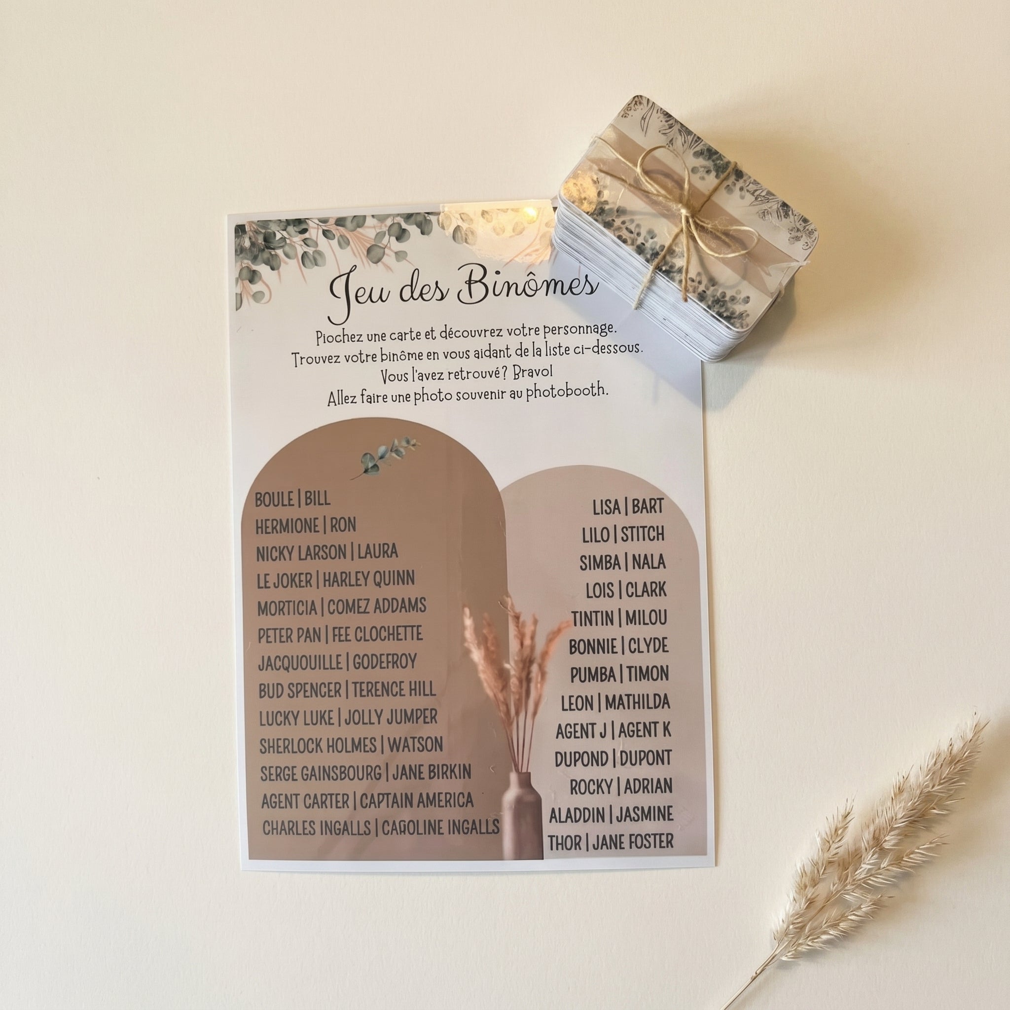 Jeu des binômes - Cartes plastifiées personnalisées pour mariage et fête - Animation brise-glace pour vos invités