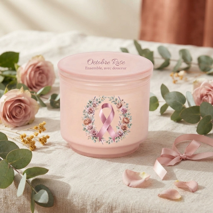 Bougie solidaire « Ensemble, avec douceur » - Ruban rose et couronne fleurie